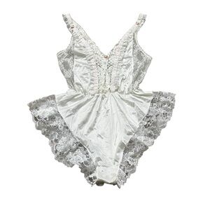 Vintage Tosca Lingerie Teddy Silky White Nylon Pink Ruffle Lace Size Small